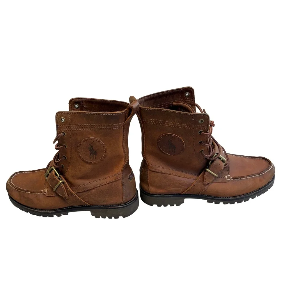 Polo Ralph Lauren Ranger Brown Leather Moc Toe Buckle Lug Sole Boots Mens 7.5 D